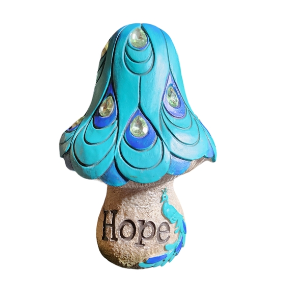 Jeweled "Hope" Turquoise Peacock Resin Mushroom Knickknack Decor 7.5"X5"X4" - Picture 1 of 11
